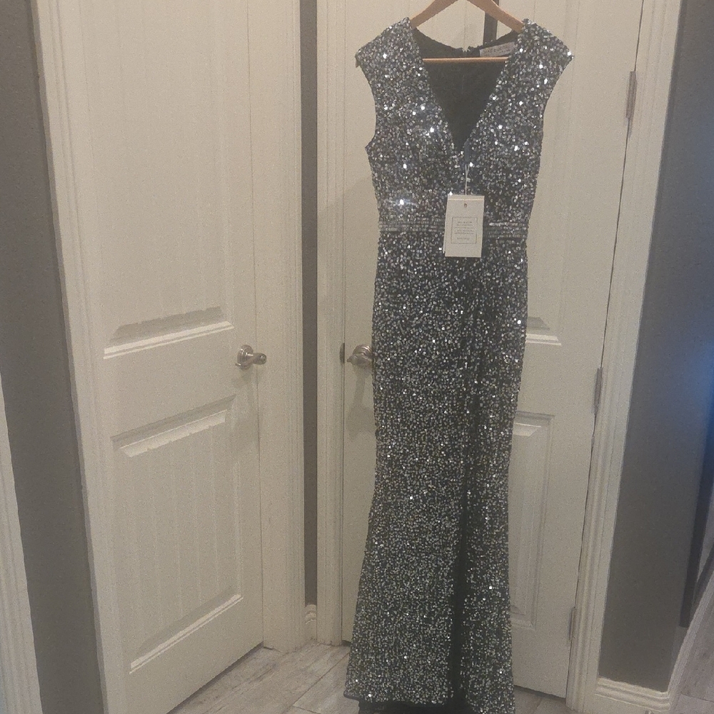 Mac Duggal Silver Sequin Maxi Dress
